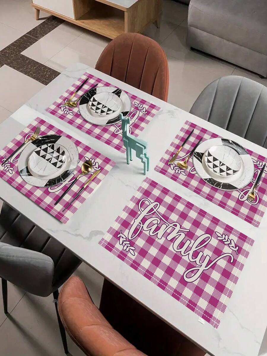 4入組簡約北歐風格彩色格子紋路廚房餐桌墊套裝,耐熱墊,防滑可洗飯墊,適用於假日派對、農莊、酒店、餐廳、家居廚房裝飾 - 中紫紅色 - 查看 1