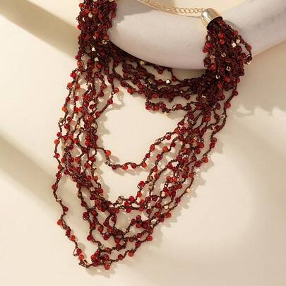 1 pieza Collar rojo de múltiples capas hecho a mano al crochet con nudos, adecuado para uso en días festivos y uso diario