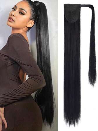 Extensiones de cola de caballo con clip de 18 a 34 pulgadas, resistentes al calor, de cabello sintético liso negro y marrón, extensiones de cabello enrolladas para mujer