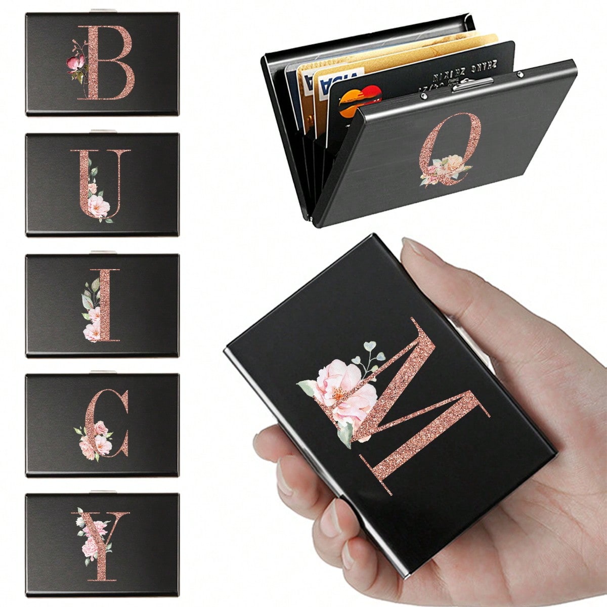 1pc Slim Card Case Rose Gold Initial Name A To Z Pattern Wallet ID Bank Malist Thin Aluum Metal Wallets Bank Card Box Purse Men Metal S Organizer Card Holder Wallet Business Card Holder Credit Card Holder Women For Men Mini Wallet Card Wallet Rfid Wallet