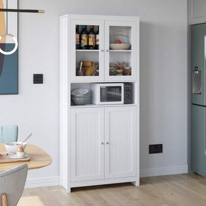 Furchen 190CM Kitchen Cupboard,Freestanding Storage Cabinet With Glass Doors,Bookcase For Kitchen, Living Room, Office, Dining Room 84 X 32 X 190 Cm Shipping In 2 Packages