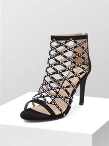 Women High Heel Sandals Cut Out Stiletto Heeled Sandals Rhinestone Ankle Strap Open Toe Dress Pump Shoes, For Party, Wedding, Vacation - 黑色 - 查看 3