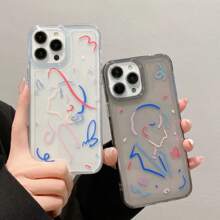 簡約時尚塗鴉女孩紋路手機殼，適用於iPhone 13/13 Pro Max/X/Xs/14 Plus型號，具有防摔保護功能，是情侶生日禮物的理想選擇