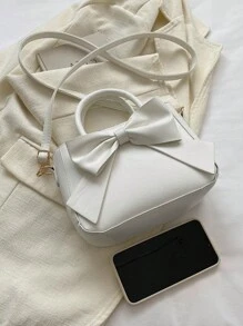 奢华蝴蝶结装饰手提包 - 女士双提手钱包，时尚女士小型仿皮斜挎包，女士情人节蝴蝶结钱包 - 白色 - 查看 4
