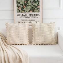 2 Packs Throw Pillow Covers With Pom-Poms For Couch Bed Sofa Living Room, Boho Decorative Pillow Covers Soft Striped Corduroy Cushion Case Farmhouse Spring Home Decor - Màu be - Xem 1