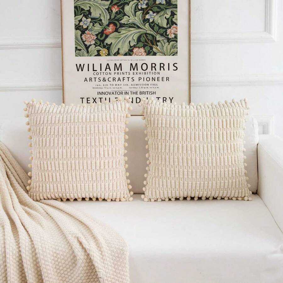 2 Packs Throw Pillow Covers With Pom-Poms For Couch Bed Sofa Living Room, Boho Decorative Pillow Covers Soft Striped Corduroy Cushion Case Farmhouse Spring Home Decor - Màu be - Xem 1