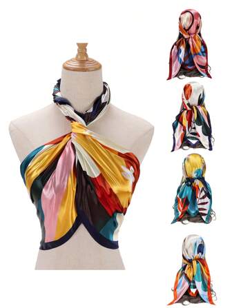 1條女士油畫花卉印花時尚多用途方絲巾頭巾披肩包裝頭飾頭帶頭巾頂部希賈布