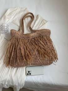 Tropiscape 1个大容量流苏编织水桶包，时尚女士单肩手提包，适合日常通勤、海滩度假、休闲旅行、享受假期氛围、放松身心、海滩、秋季、圣诞节、冬季、圣诞礼物