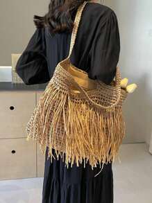 1個大容量流蘇編織桶袋,時尚的女士肩袋,適用於日常通勤、海灘度假、休閒旅遊 - 卡其色 - 查看 10