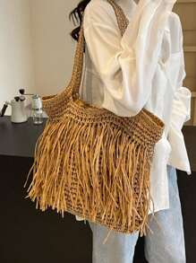 1個大容量流蘇編織桶袋,時尚的女士肩袋,適用於日常通勤、海灘度假、休閒旅遊 - 卡其色 - 查看 8