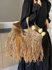 1個大容量流蘇編織桶袋,時尚的女士肩袋,適用於日常通勤、海灘度假、休閒旅遊 - 卡其色 - 查看 9