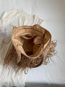 Tropiscape 1个大容量流苏编织水桶包，时尚女士单肩手提包，适合日常通勤、海滩度假、休闲旅行、享受假期氛围、放松身心、海滩、秋季、圣诞节、冬季、圣诞礼物