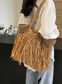 1個大容量流蘇編織桶袋,時尚的女士肩袋,適用於日常通勤、海灘度假、休閒旅遊 - 卡其色 - 查看 7