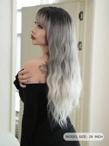 7JHH WIGS Ombre Grey Wigs For Women Loose Wavy Wig With Bangs Dark Roots Grey To White Natural Looking Long Curly Synthetic Wig For Women Daily Party Rave 26 Inch (Trimable Bangs Length) - Grey - View 4