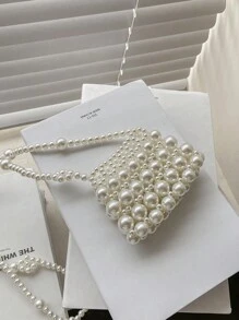 1pc Girl's Faux Pearl Beaded Openwork Princess Style Cross-Body Bag, Ideal For Spring, Summer And Festival Decorations