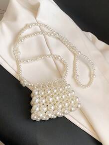 1pc Girl's Faux Pearl Beaded Openwork Princess Style Cross-Body Bag, Ideal For Spring, Summer And Festival Decorations