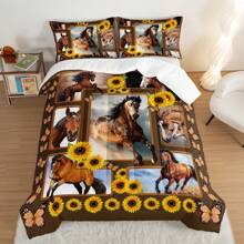 Horse Twin Size Comforter Sets,Kids Adult Girls Bedroom Modern Decor Brown Horse And Sunflower Bedding Sets,3D Print Wild Animals Pattern Western Bedding Set Theme With 2 Pillow Shams. - Chocolate Brown - View 1