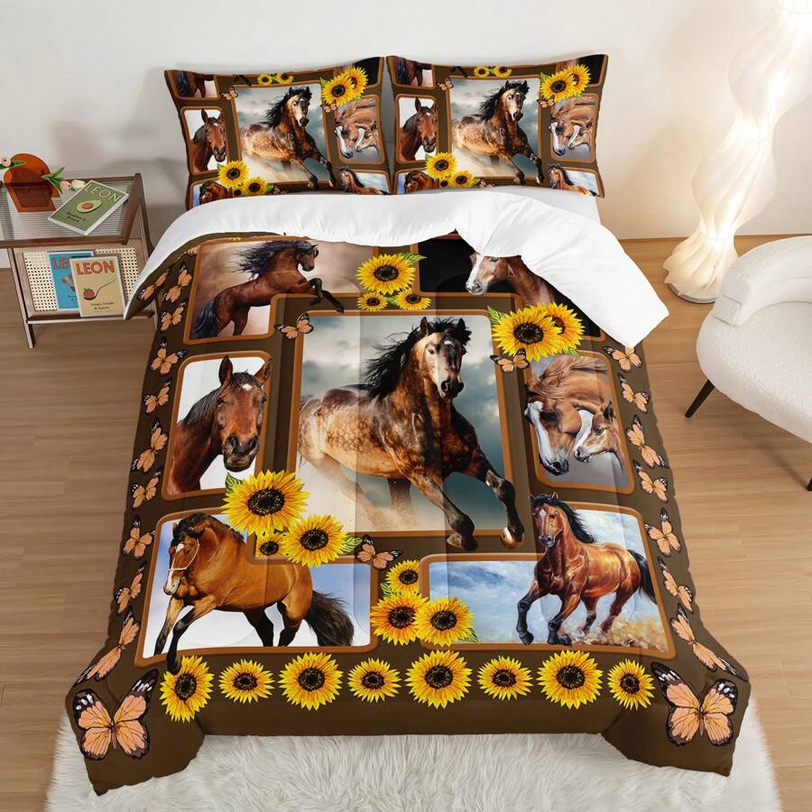 Horse Twin Size Comforter Sets,Kids Adult Girls Bedroom Modern Decor Brown Horse And Sunflower Bedding Sets,3D Print Wild Animals Pattern Western Bedding Set Theme With 2 Pillow Shams. - Chocolate Brown - View 1
