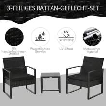 Outsunny Rattan Gartenmöbel Set Polyrattan Gartenmöbel Set 3 tlg. Balkonmöbel Set Gartenmöbel mit Kissen Garten Schwarz - Schwarz - Übersicht 6