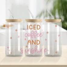 1個咖啡圖案設計uv Dtf杯套,適用於16盎司玻璃杯,uv Dtf杯套,杯子套,適用於玻璃杯的玻璃貼紙,杯子膠貼,uv轉印杯貼防水貼紙,瓶子貼紙,黏貼紙- - 藕粉色 - 查看 3