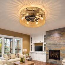 19in Boho Caged Ceiling Fan With Light Flush Mount, Enclosed Rattan Ceiling Fans With Lights And Remote Control, Low Profile Farmhouse Bamboo Ceiling Fan For Bedroom Living Room - Brown - View 7