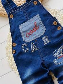 1pc Baby Boy Denim Overalls With Letter Embroidery For Spring/Autumn - Navy Blue - View 2