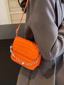 HELLO WEEKEND 1pc Mini Chain Decor Stone Pattern Pu Portable Flap Closure Magnetic Snap Fashion Crossbody Bag Suitable For Women Daily Use - Orange - View 5