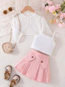 3 piezas/Set Conjunto de ropa elegante y dulce de regreso a la escuela para niña joven, que incluye camiseta interior de unicolor, blusa de red calada y falda plisada, verano - Rosa - Ver 1
