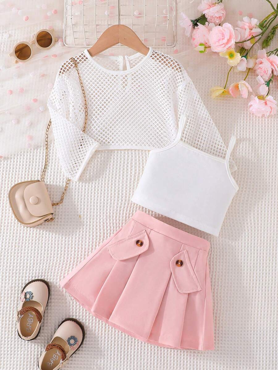 3 piezas/Set Conjunto de ropa elegante y dulce de regreso a la escuela para niña joven, que incluye camiseta interior de unicolor, blusa de red calada y falda plisada, verano - Rosa - Ver 1