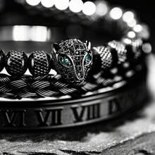 Set de 3 piezas Pulsera trenzada de lujo hecha a mano para hombre, con cabeza de leopardo con pavé de CZ, numeral romano, brazalete de acero inoxidable, para uso de negocios, ocio y uso diario, regalo para el Día del Padre o cumpleaños del novio - Negro - Ver 5