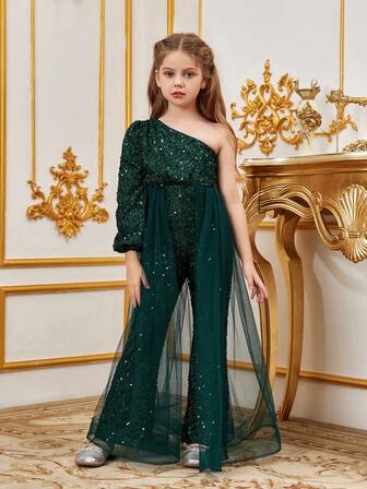 Tween Girl Ärmlös Mesh Kontrast Paljett Jumpsuit Klänning