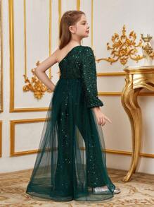 Tween Girl 无袖网眼撞色亮片连身连衣裙 - 墨綠色 - 查看 2