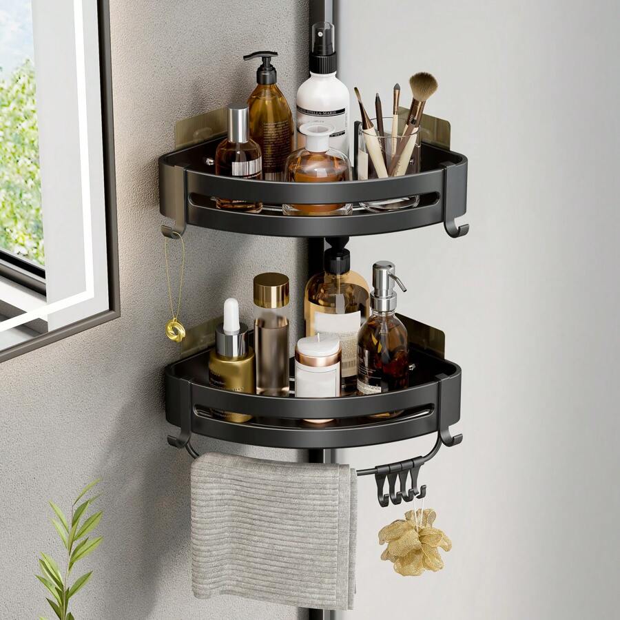Double Layer Aluminum Bathroom Corner Shelf, Wall-Mounted With Hooks ...