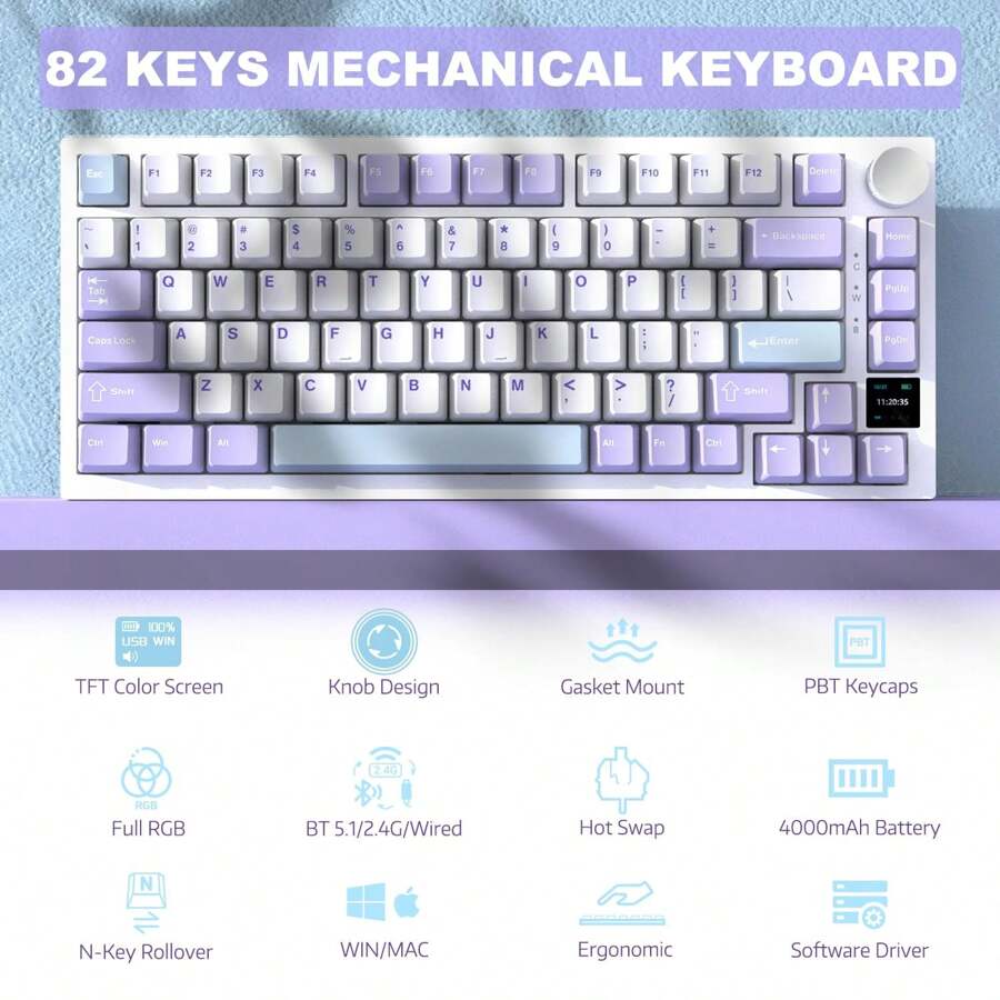 ATTACK SHARK * AJAZZ AK820PRO 75% TKL 机械键盘，2.4G 无线/BT5.1/USB-C 有线，81 键带 TFT 彩色显示屏和 CNC 旋钮游戏键盘，RGB 背光，热插拔线性开关，4000mAh 电池