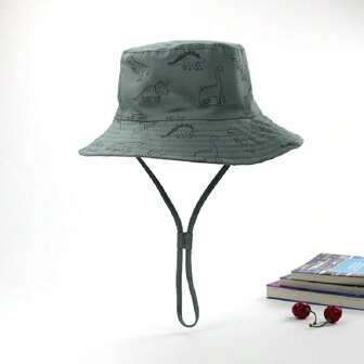 1入新款春夏季卡通恐龍印花兒童寬邊漏斗帽，男女嬰兒防曬帽