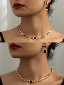 1pc Fashionable Gemstone & Diamond Decor Necklace And 1pair Gemstone & Diamond Decor Stud Earrings Suitable For Daily Wear, Parties And As Gifts