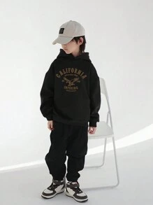 2pcs Tween Boys' Sports Hoodie And Jogger Pants Set, Autumn And Winter - Black - View 1