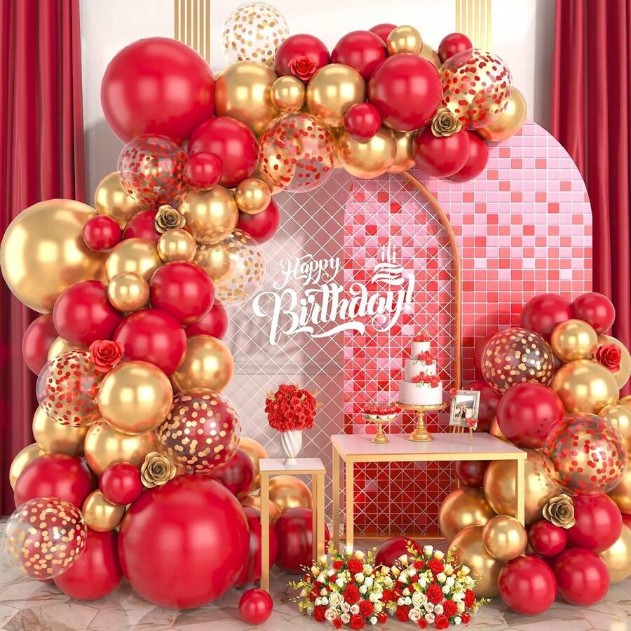 Kit de 100 piezas de arco de globos de color rojo y dorado, kit de guirnalda de globos dorados y rojos, globos metálicos dorados, globos rojos y dorados con confeti para decoraciones del Día de San Valentín, fiestas de cumpleaños con tema rojo, bodas, Navidad - Rojo - Ver 1