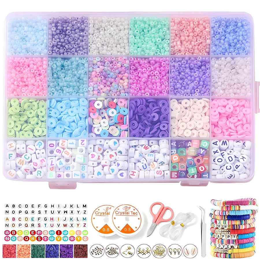 Cuentas para Pulseras - Kit para Hacer Pulseras, Cuentas para DIY Pulseras y Collares Manualidades, Cuentas de Arcilla para Hacer Pulseras con Cordón Pinzas y Tijeras Pequeñas Abalorios de Regalo Alfabeto - Multicolor - Ver 1