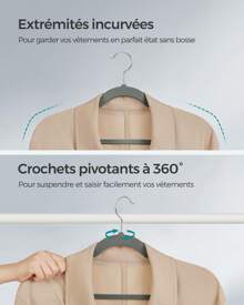 SONGMICS Cintres en Velours, Lot de 50, Antiglisse, avec Encoches, Barre pour Pantalons, Crochet Pivotant à 360°, Gain de Place, Épaisseur 0,6 cm, Longueur de 43 cm, Gris - Lot de 50 Gris - Voir 8