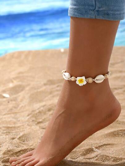 1 件女士海滩度假风格亚克力贝壳与花卉编织脚链