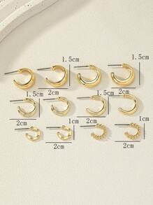 1set/6pairs Fashionable Zinc Alloy Gold Plated Textured Big C-Shaped Hoop Earrings, Suitable For Ladies' Daily Wear In Simple And Cool Style - Gold - View 5