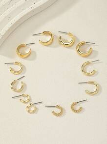 1set/6pairs Fashionable Zinc Alloy Gold Plated Textured Big C-Shaped Hoop Earrings, Suitable For Ladies' Daily Wear In Simple And Cool Style - Gold - View 3