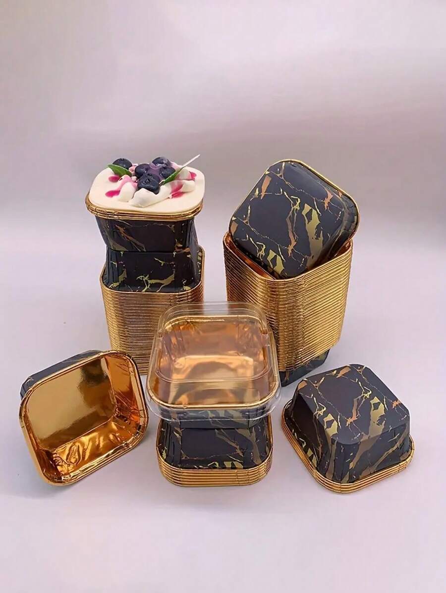 50入組大理石圖案防油紙蛋糕杯帶蓋,高溫防曬蛋糕模具,適用於廚房烘焙和假日派對 - 黑色 - 查看 1