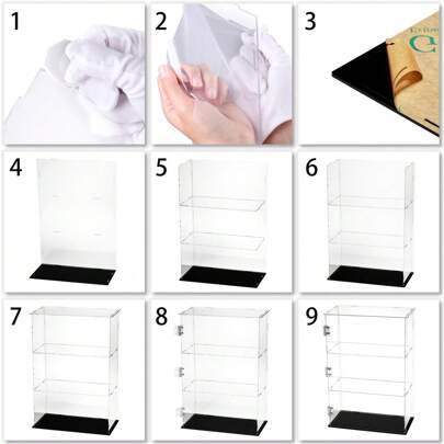 三层黑色底座大型透明展示盒，带防尘功能，适用于收藏品、手办、玩具、小型模型、玩偶、纪念品、奖杯等。透明保护展示架，适用于积木、合金车模、岩石收藏品、工艺品、香水、amiibo、流行文化人物等。立式展示盒，层板可拆卸，坚固耐用，适合家居装饰和办公桌摆放。