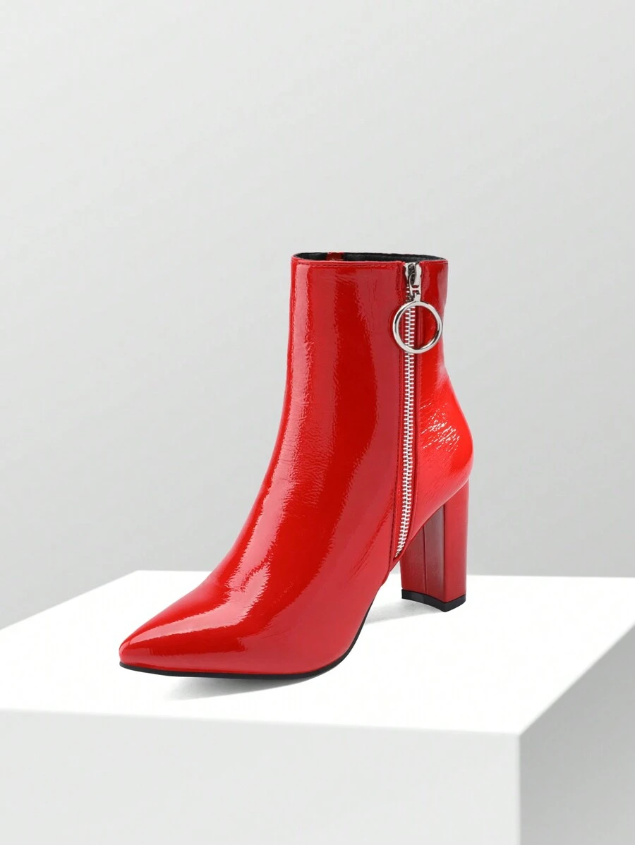 Women'S Chunky High Heel Posh Ankle Booties Pointed Toe Short Boots Decorated With Zipper And Fashion Metal Ring Heeled Pumps - 紅色 - 查看 1