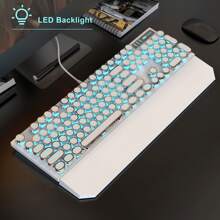 MageGee White Typewriter Mechanical Gaming Keyboard, 104 Keys Wired Retro Punk Round Keycaps With Blue LED Backlight, USB Wired Keyboard For Gaming And Office, Compatible With Windows Laptop PC - Blue Switch - White - View 4
