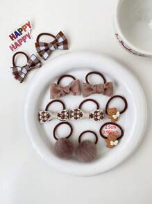 10入组/批孩子們的卡其色熊蝴蝶結頭繩 - 卡其色 - 查看 2