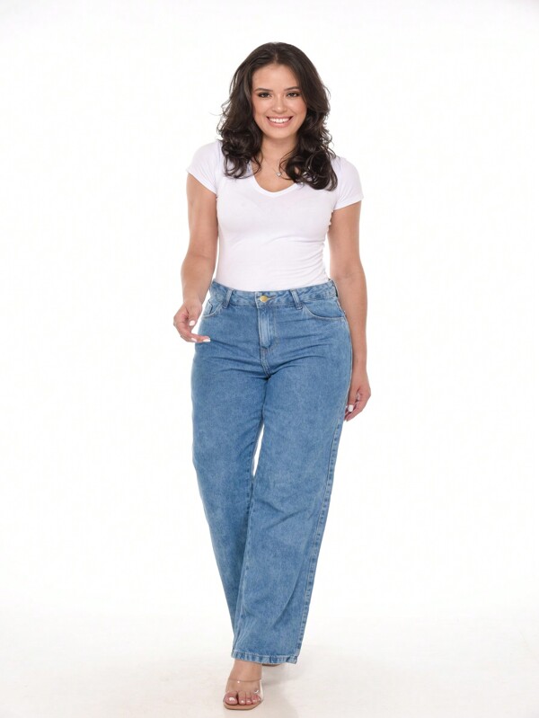 Calca Jeans Feminina Pantalona  Wide Leg Lisa Cintura Alta