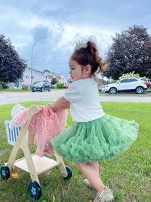 1pc Young Girls' Lovely, Gorgeous, Sweet,  Heavy Duty Tulle Tutu Skirt With Flower Hem, Suitable For Ballet, Party, Dress-Up, Four Seasons - Green - View 2